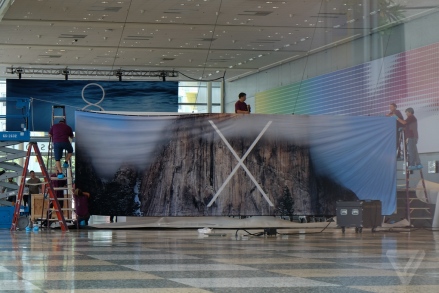 Apple begins putting up a banner for the next OS X, which looks like Yosemite national park in California.